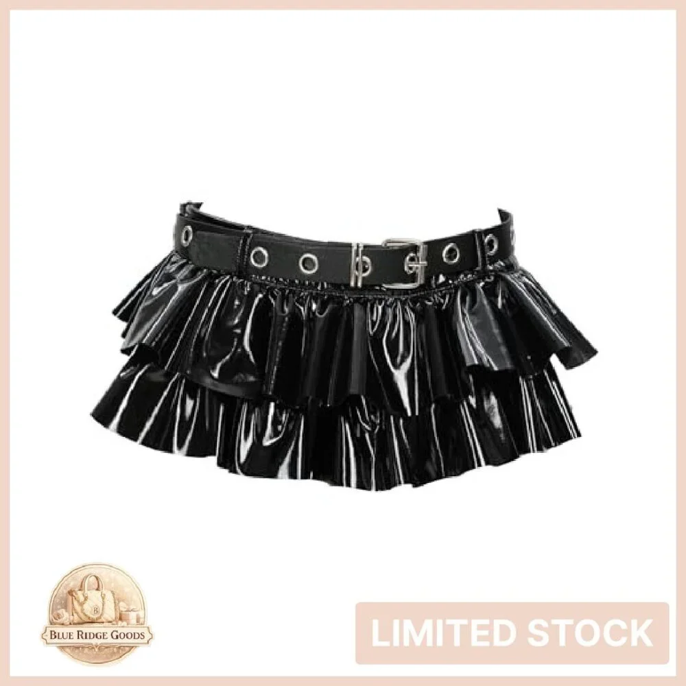Gothic Punk Mini Skirt Shiny Leather Pleated Edge Y2K Club Wear